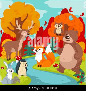 Forest animals, wilderness flora and fauna in nature Stock Vector