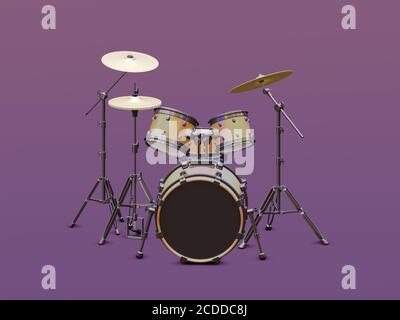 Acoustic drum set on a colored background. 3d illustration Stock Photo