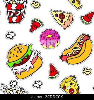 Junk food burgers and hot dogs seamless pattern Stock Vector
