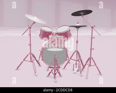 Pink acoustic drum set on a pink background. 3d illustration Stock Photo