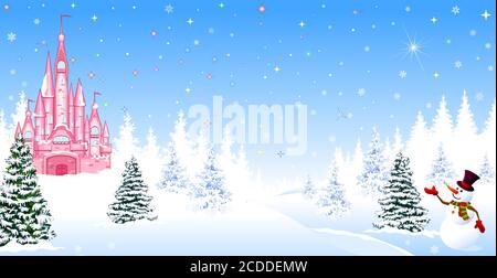 Pink castle. Winter landscape. The night before Christmas. Trees, snow, forest. Shining stars and snowflakes in the night sky. Christmas winter night Stock Vector