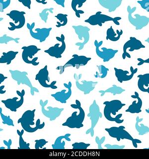 Seamless pattern with dolphins. Small and big dolphins in one pattern. Vector illustration Stock Vector