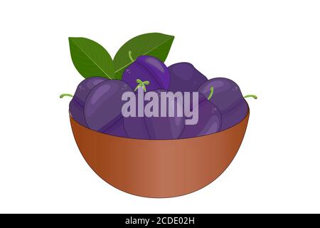 Bowl of delicious juicy plums isolated on white background. Fresh plums in the brown bowl. Plate of beautiful juicy berries. Stock vector illustration Stock Vector