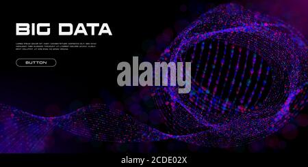 Big Data visualization. Big Data abstract curved flow of particles with bokeh effect and copy space. Depth of Field Effect DoF. Dark science Stock Vector
