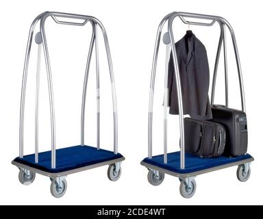 Metal hotel trolley empty and with Luggage isolated on white with clipping path Stock Photo