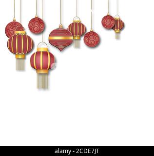 Hanging Chinese traditional lanterns and redf Christmas balls with gold ornament on white background. Place for text, copy space, mock up. 3D illustartion Stock Photo