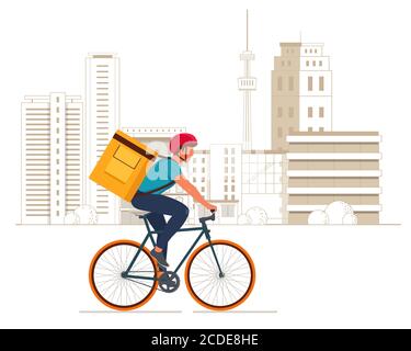 Delivery boy on bicycle with yellow backpack Stock Vector