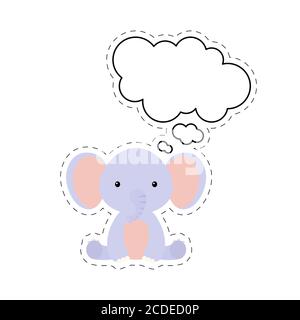 Cute cartoon elephant with speech bubble sticker. Kawaii character on white background. Cartoon sitting animal postcard clipart for birthday Stock Vector