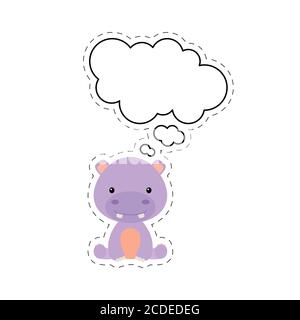 Cute cartoon hippo with speech bubble sticker. Kawaii character on white background. Cartoon sitting animal postcard clipart for birthday, baby shower Stock Vector