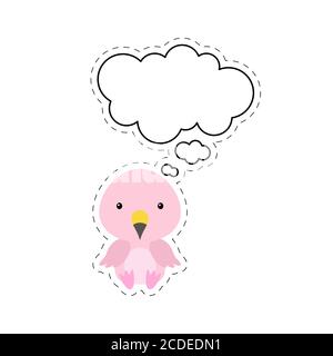 Cute cartoon flamingo with speech bubble sticker. Kawaii character on white background. Cartoon sitting animal postcard clipart for birthday Stock Vector