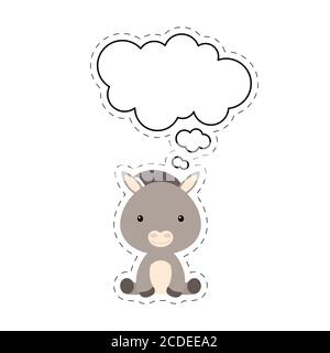 Cute cartoon donkey with speech bubble sticker. Kawaii character on white background. Cartoon sitting animal postcard clipart for birthday baby shower Stock Vector
