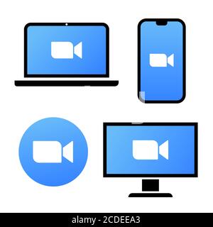 Blue camera icon - Live media streaming application on different devices - laptop, smartphone, tv, tablet, monitor, conference video calls with Stock Vector