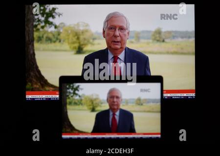 Washington, USA. 28th Aug, 2020. Photo taken in Arlington, Virginia, the United States, Aug. 27, 2020 shows screens displaying U.S. Senate Majority Leader Mitch McConnell speaking during the 2020 Republican National Convention from Washington, DC Credit: Liu Jie/Xinhua/Alamy Live News Stock Photo