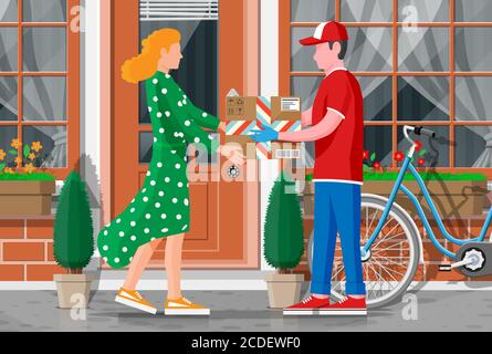 Woman receive cardboard box from man. Courier character holds parcel in his hands. Carton delivery packaging closed box with fragile signs. Free and fast shipping. Vector illustration in flat style Stock Vector