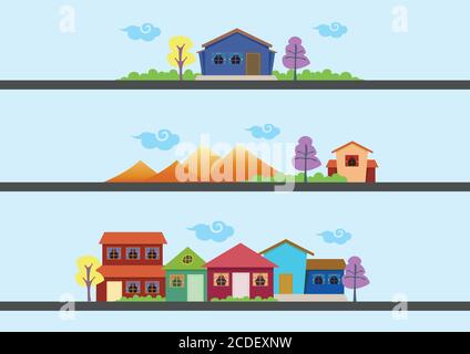 Three sets of vector illustration of simple houses and colorful landscape. Stock Vector