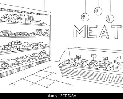 Meat store graphic shop interior black white sketch illustration vector Stock Vector