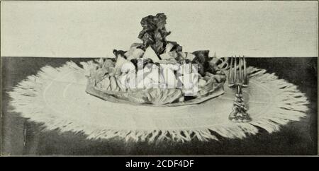 . American cookery . stly, stirin the four egg-yolks, well beaten, andflavor with a few drops of vanilla or anypreferred extract. Pour this custardaround the pyramid of egg-shaped balls,and garnish with bits of angelica. Apple-and-Pimiento Salad Pare and cut three medium-sizedapples into small slices. Add one cannedpimiento cut in cubes. Mix with mayon-naise dressing to moisten. Dispose thematerial upon a bed of heart-leaves oflettuce. nished with heavy cream whipped stiff,with the addition of one-half its volumeof rich strawberry preserve. One-halfpint of cream, and one-half a cup of pre-serv Stock Photo