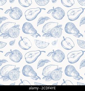 Hand Drawn Apples Pears and Lemons Harvest Vector Seamless Background Pattern. Fruits and Leaves Sketches Card or Cover Template Stock Vector