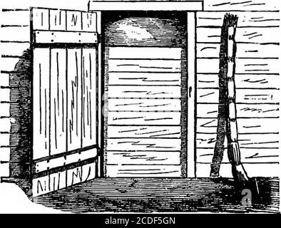 . The dairyman's manual. A practical treatise on the dairy .. . ween the walls is shown by the darkshading. The packing around the ice should be a footthick at the bottom and the sides,, and two feet at thetop. There should be a capacious ventilator at the topof the house, and the spaces above the plates and betweenthe rafters at the eaves will permit a constant current ofair to pass over the upper packing, and remove the col-lected vapor. The method of closing the doors is shown 328 THE DAIBYMANS MANUAL. at iigure 62. Boards are placed across the inside of thedoor as the ice is packed, untij Stock Photo