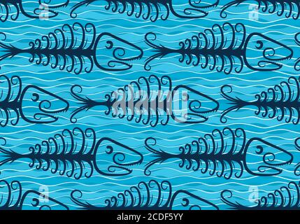 A seamless Blue background with fish skeleton and Sea. Stock Vector