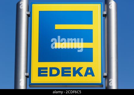 Stuttgart, Germany - May 17, 2020: Edeka logo sign supermarket food shop discounter in Germany. Stock Photo