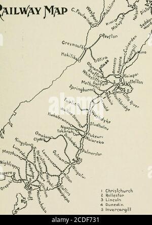 . The geography of New Zealand. Historical, physical, political, and commercial . untainchain of the Southern Alps interposes a formidablebarrier, and the long tunnel required to pierce themain axis was commenced in 1909. Greymouth,Reefton, and Holdtika have been connected, and theeastern ranges of the Southern Alps are now beingpenetrated along the gorge of the WaimakaririRiver. The West Coast lines connect the highlyimportant coal and gold mines with the ports of thecoast. From Nelson a line extends southwards 48miles towards Reefton. Various branch lines connect the interior centreswith the Stock Photo