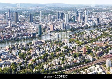 Frankfurt, Germany - May 27, 2020: Frankfurt skyline aerial photo city Main river ICE railway trains skyscraper Commerzbank in Germany.