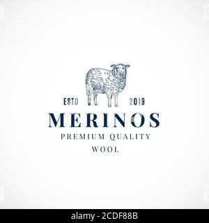 Merinos Wool Abstract Vector Sign, Symbol or Logo Template. Hand Drawn Sheep Sillhouette with Retro Typography. Vintage Luxury Vector Emblem. Stock Vector