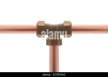 Compression equal tee pipe fitting on white background Stock Photo