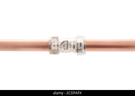 Compression equal isolating valve pipe fitting on white background Stock Photo