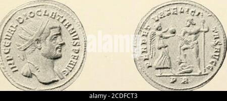 . Constantine the Great; the reorganisation of the empire and the triumph of the church . DOUBLE SOLIDUS OF CONSTANTIUS II.WITH THE LABARUM.. DOUBLE SOLIDUS OF DIOCLETIAN Stock Photo