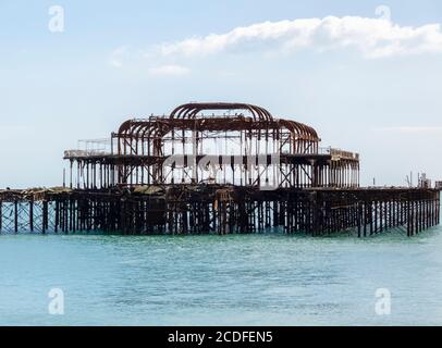 The ruins and structural skeleton of the derelict Brighton West Pier, offshore at Brighton beach, West Sussex, south-east England Stock Photo