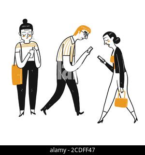 The drawing character of people are using a smartphone. . Collection of hand drawn. Vector illustration in sketch doodle style. Stock Vector