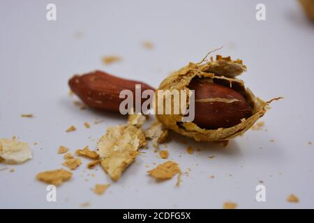Natural peanuts in their own peel, which is opened in various ways. Opened shells with peanut nuts are located on a white background. Stock Photo