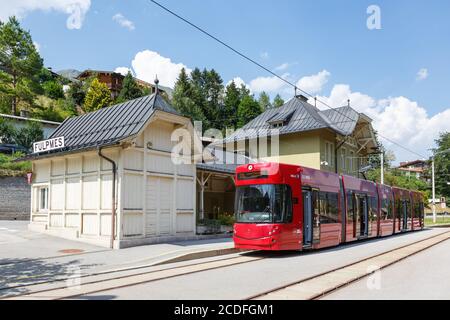 Fulpmes, Austria - August 1, 2020: Stubaitalbahn Innsbruck Tram train Fulpmes station in Austria. Stock Photo