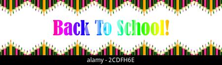 banner back to school concept. stationery items on blackboard, colorful pencils on white background Stock Photo