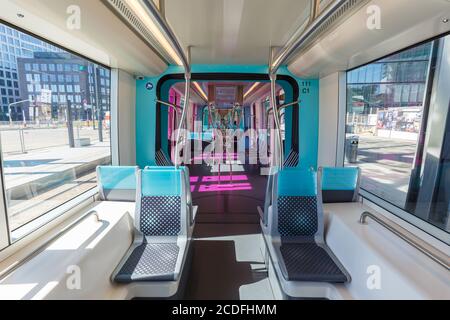 Luxembourg - June 24, 2020: Tram Luxtram train transit transport interior CAF Urbos in Luxembourg. Stock Photo