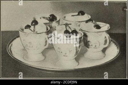 . American cookery . thickensslightly; add six chocolate macaroonsand the softened gelatine; mix thor-oughly, then strain into a dish set intoice-water. Stir occasionally, and whenthe mixture begins to thicken, fold inone cup of double cream and one cup ofcream from the top of a quart bottle ofmilk, beaten light but not dry; cut andfold the two mixtures together until the may be caramelized, dissolved in one-third a cup of water, boiled to a syrupand then added to the milk; in this case,use three tablespoonfuls of sugar withthe egg-yolks. Boiled Custard with Snow Eggs Scald one pint of milk in Stock Photo