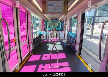 Luxembourg - June 24, 2020: Tram Luxtram train transit transport interior CAF Urbos in Luxembourg. Stock Photo