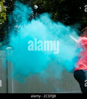 Baby boy reveal with blue powder exploding's out of a baseball hit by the father who is wearing a pink shirt. Stock Photo