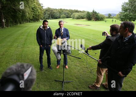 Sadat Ahmed brother of Samia Ahmed alongside Detective Superintendent Martin MacLean(r) as they speak to the media at Gogarburn Golf Course, Newbridge, Edinburgh, as five years ago this weekend Saima Ahmed, 36, was reported missing from London and whose body was found in the grounds of the golf course on 9 January 2016. Stock Photo