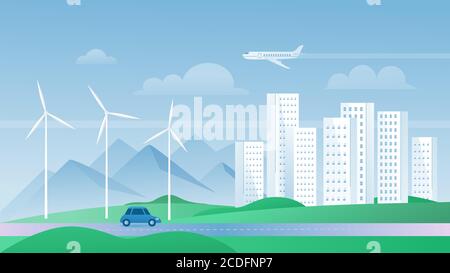 Eco city concept vector illustration. Cartoon flat urban summer modern cityscape with skyscrapers buildings, ecological windmills for save environment, alternative sustainable energy source background Stock Vector