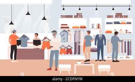 Fashion discount sales in clothing shop flat vector illustration. Cartoon man shopaholic buyer characters shopping, buying fashioned casual clothes in retail store or boutique interior background Stock Vector