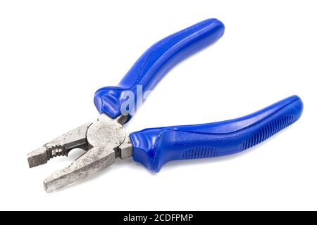 Metal blue pliers isolated on white background. Pliers with shadows. Closeup, selective focus Stock Photo
