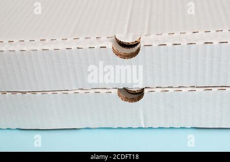 Two white cardboard pizza boxes close up Stock Photo
