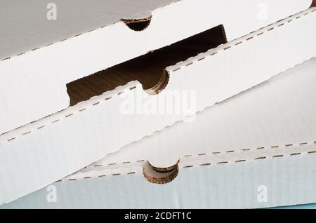 Two white cardboard pizza boxes close up Stock Photo