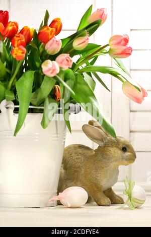 Rabbit hiding behind a container of tulips Stock Photo