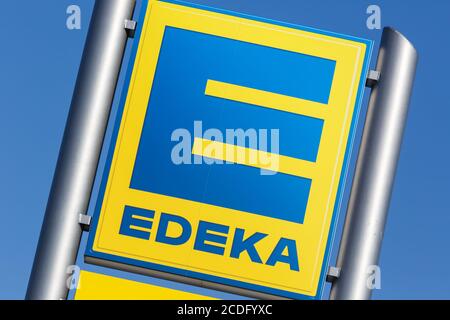 Stuttgart, Germany - May 17, 2020: Edeka logo sign supermarket food shop in Germany. Stock Photo