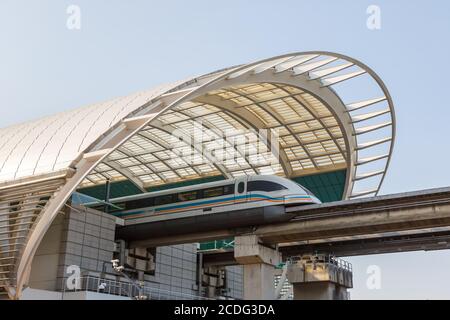 Shanghai, China - September 27, 2019: Shanghai Transrapid Maglev magnetic levitation train station traffic transport in China. Stock Photo