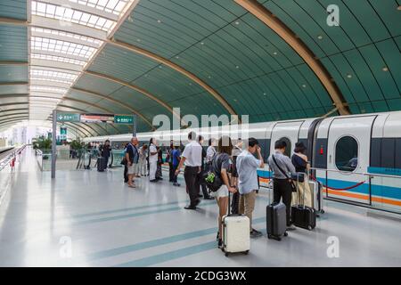 Shanghai, China - September 27, 2019: Shanghai Transrapid Maglev magnetic levitation train station traffic transport in China. Stock Photo